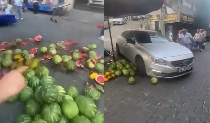 Lüks aracıyla girdiği pazar tezgahını darmadağın etti